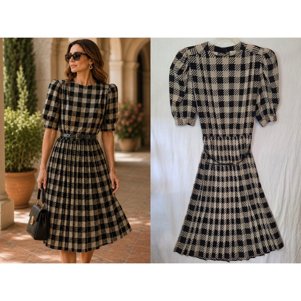 Vintage Liz Claiborne 100% Silk Plaid Pleated Midi Dress Belted Women's 10